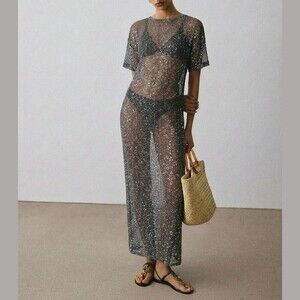 Black Sequin Sheer Mesh Maxi Cover-Up Dress
